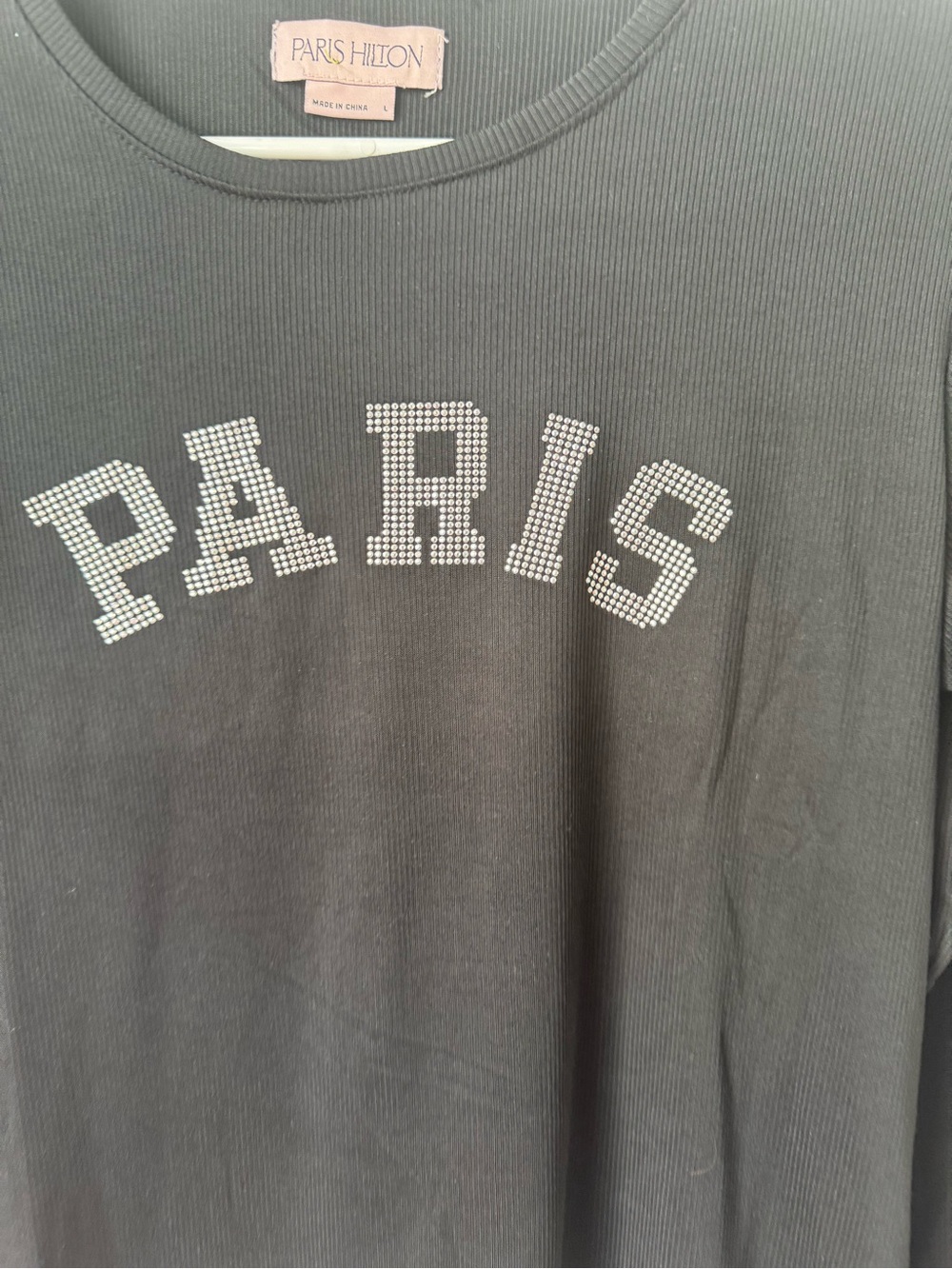 Paris Hilton Black Long Sleeve Top with Rhinestone PARIS Logo - Picture 2 of 3